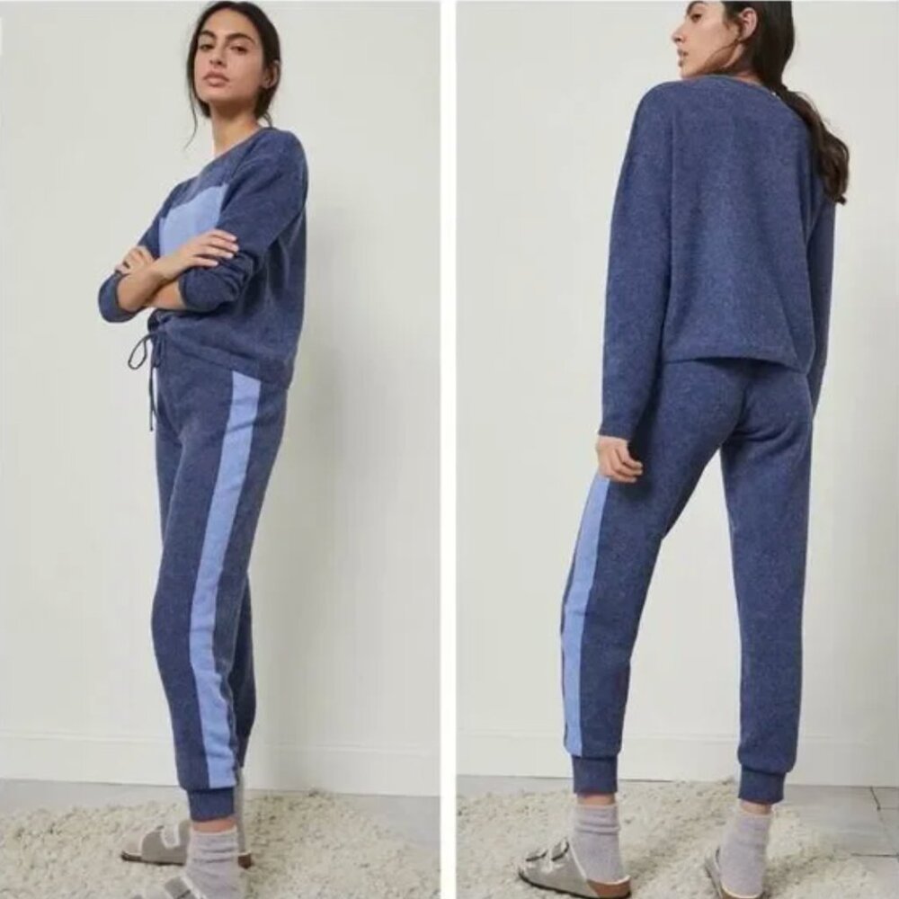 ANTHROPOLOGIE Saturday Sunday Clara Cozy Blue Striped Sweater Jogger Set size S